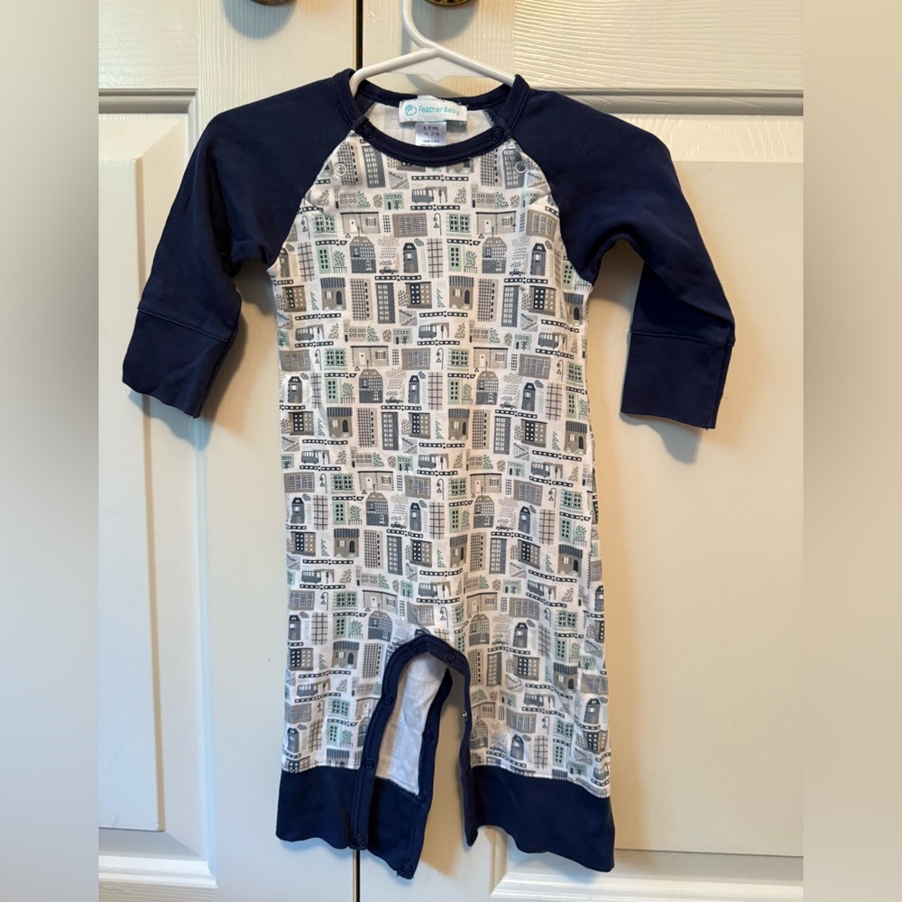 Feather Baby Navy and White City Print Baby Romper